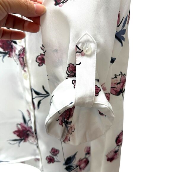 New BCX Floral Button-Down Blouse With Roll-Up Sleeves Medium White Pink Sheer - Picture 10 of 11
